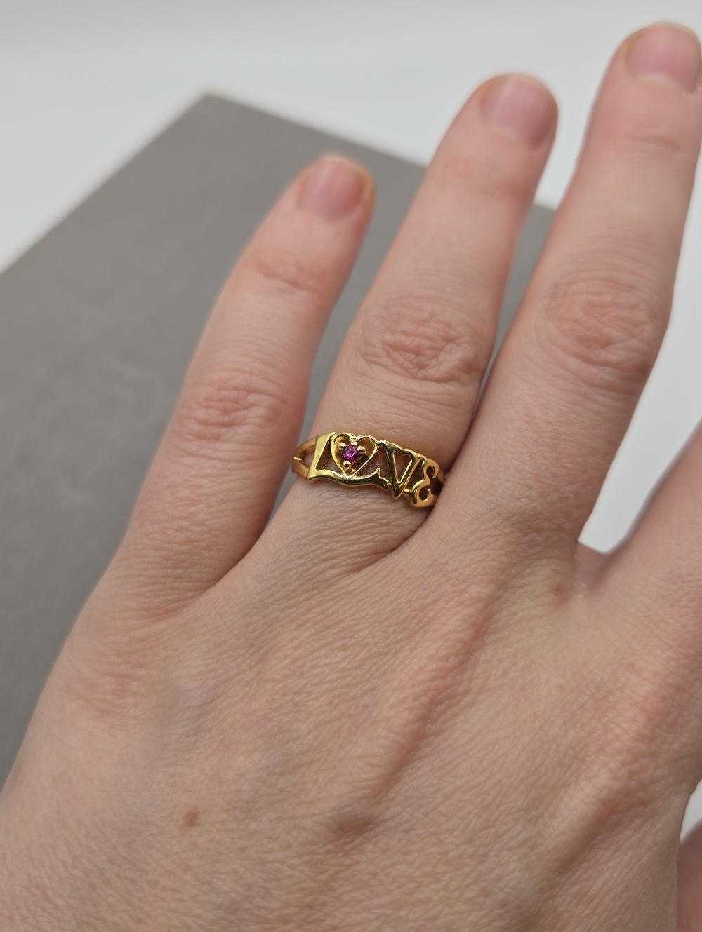 Gold Love Script Ring with Pink Gem - Picture 3 of 7